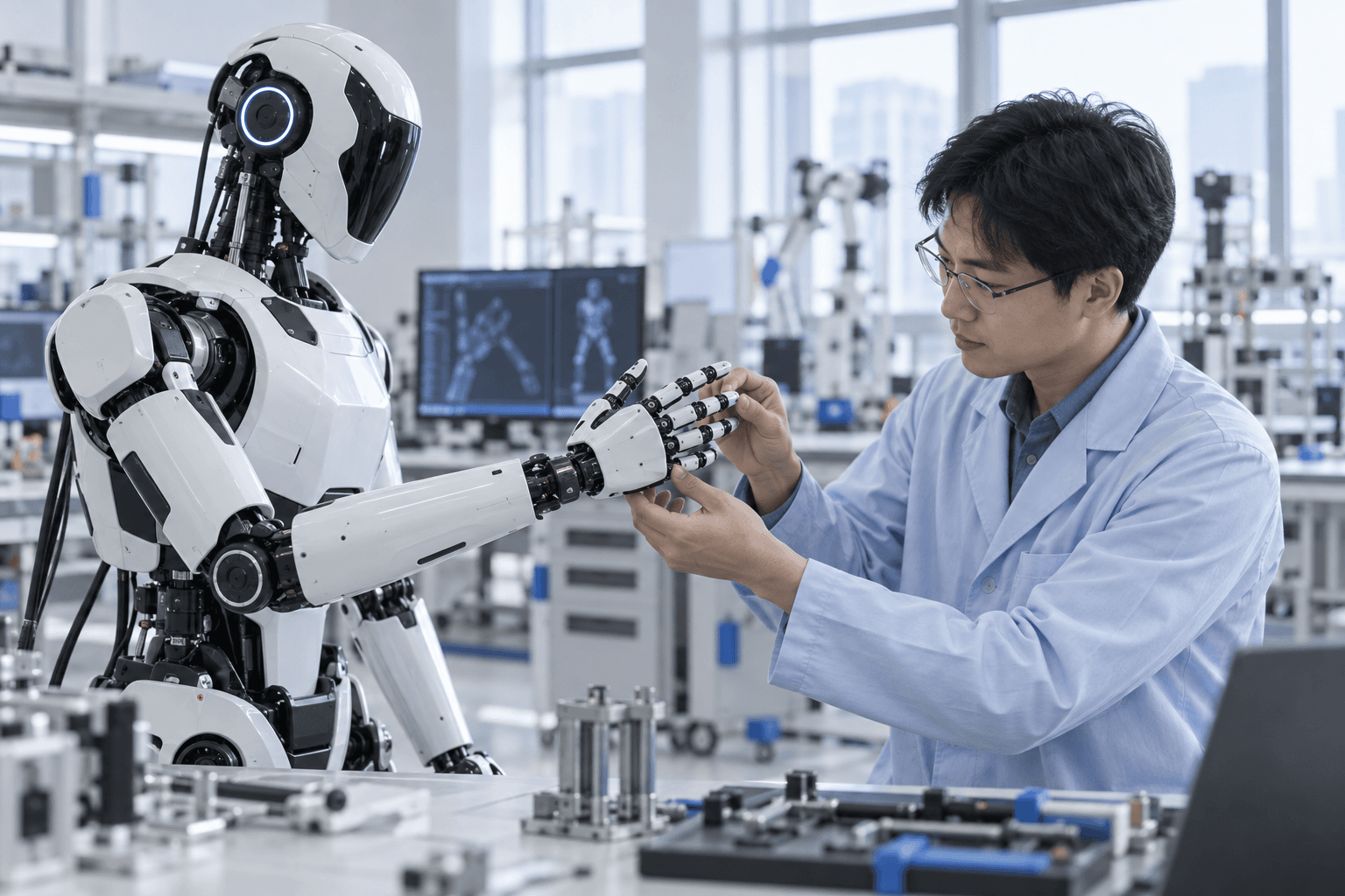 Illustration of a robot and engineer in an industrial setting