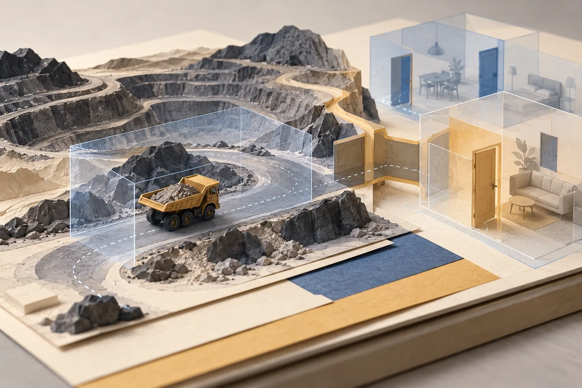 Conceptual paper mine-transport simulation with an unbranded haul truck and layered household-state forms. Conceptual AI-generated editorial illustration / China AI Wire; not an event photograph