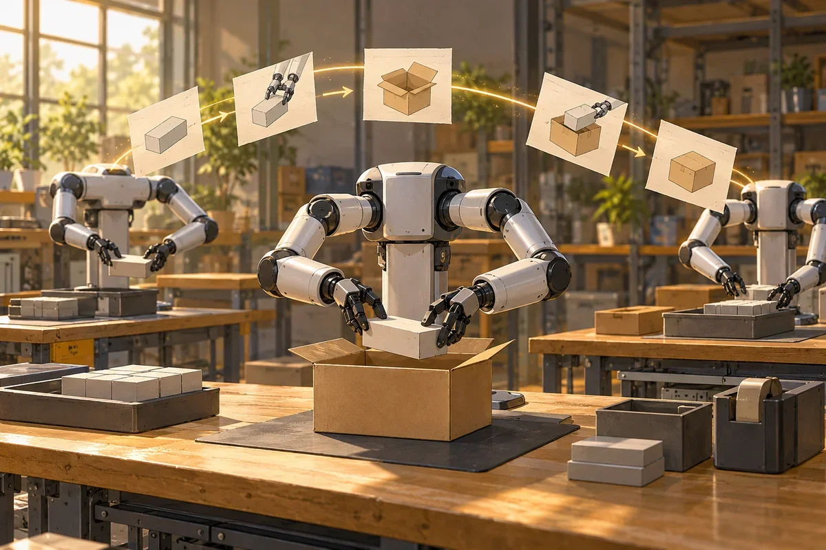 Conceptual illustration of robots packing boxes while glowing arrows link illustrated task steps, representing shared robot learning. Conceptual AI-generated editorial illustration / China AI Wire; not an event photograph
