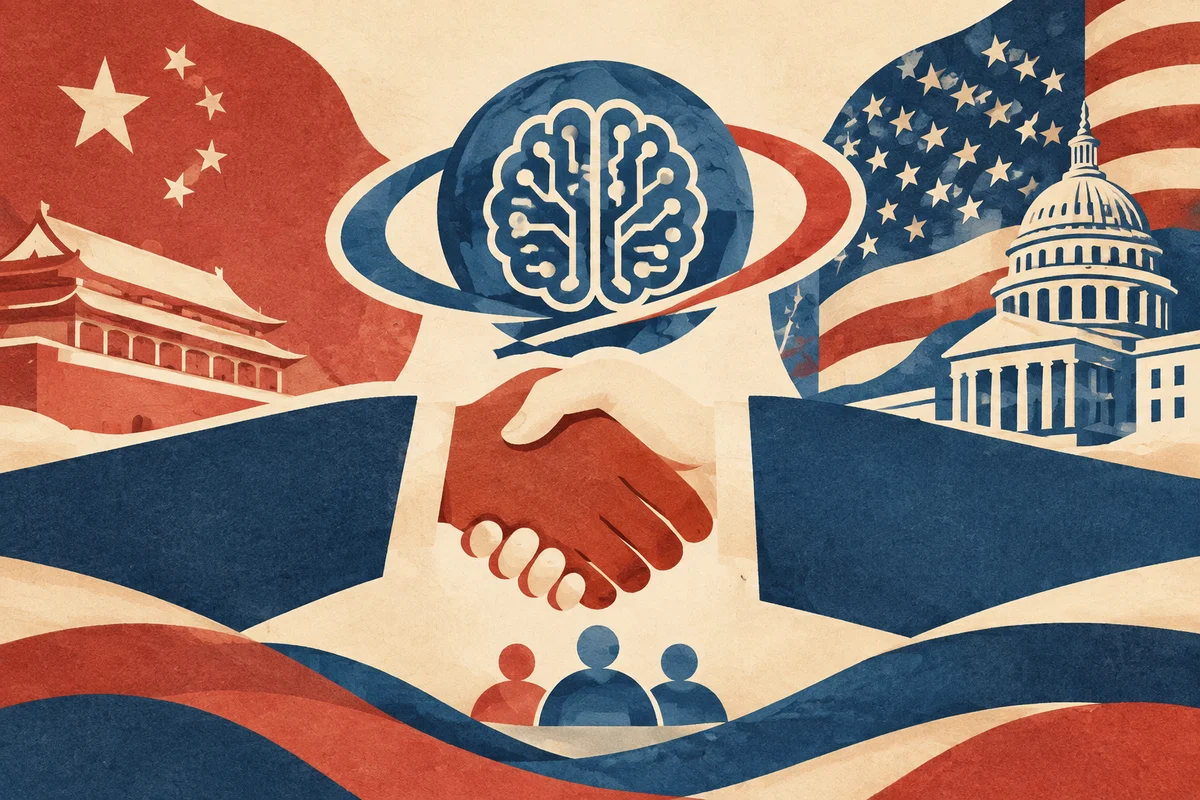 Conceptual editorial illustration for: Xi Urges Trump to Prioritize AI Cooperation as China Confirms First Bilateral AI Talks