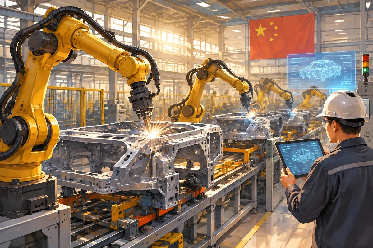 Conceptual editorial illustration for: China Installed 354,000 Industrial Robots in 2025, Capturing 59% of Global Total