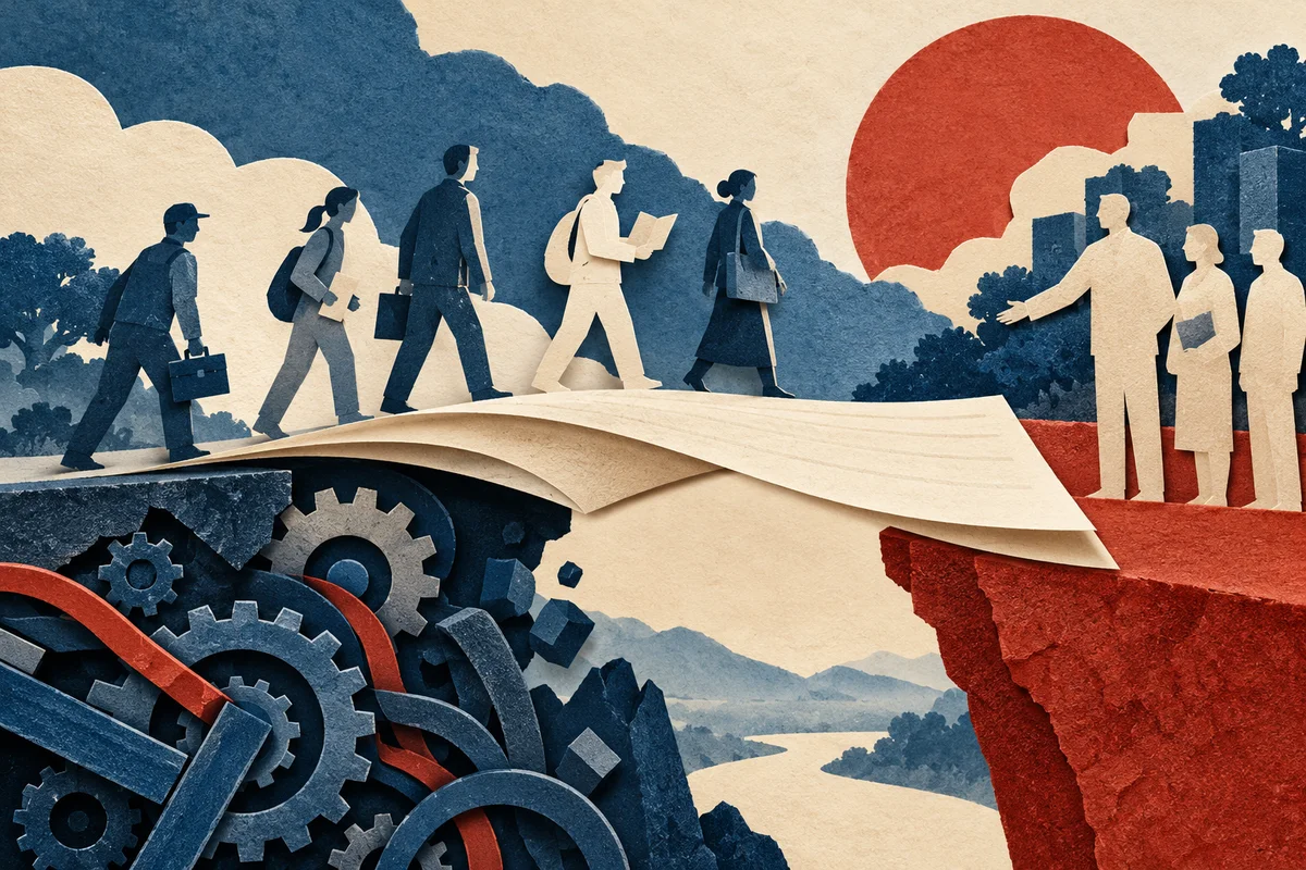 Layered paper policy bridge supports anonymous figures, including a learner with a blank booklet, as a metaphor for employment transition. Conceptual AI-generated editorial illustration / China AI Wire; not an event photograph