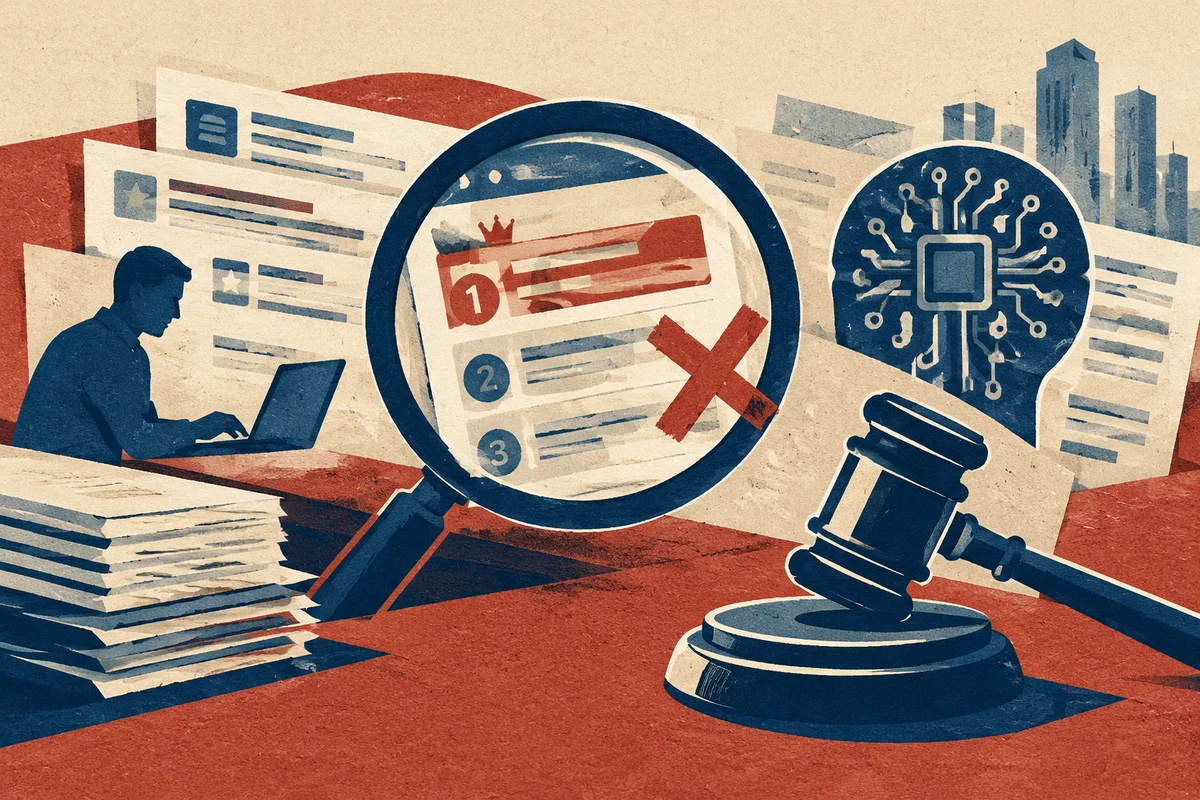 Conceptual editorial illustration for: Shenzhen Regulators Fine GEO Service Provider for Fabricating Data to Manipulate AI Model Outputs