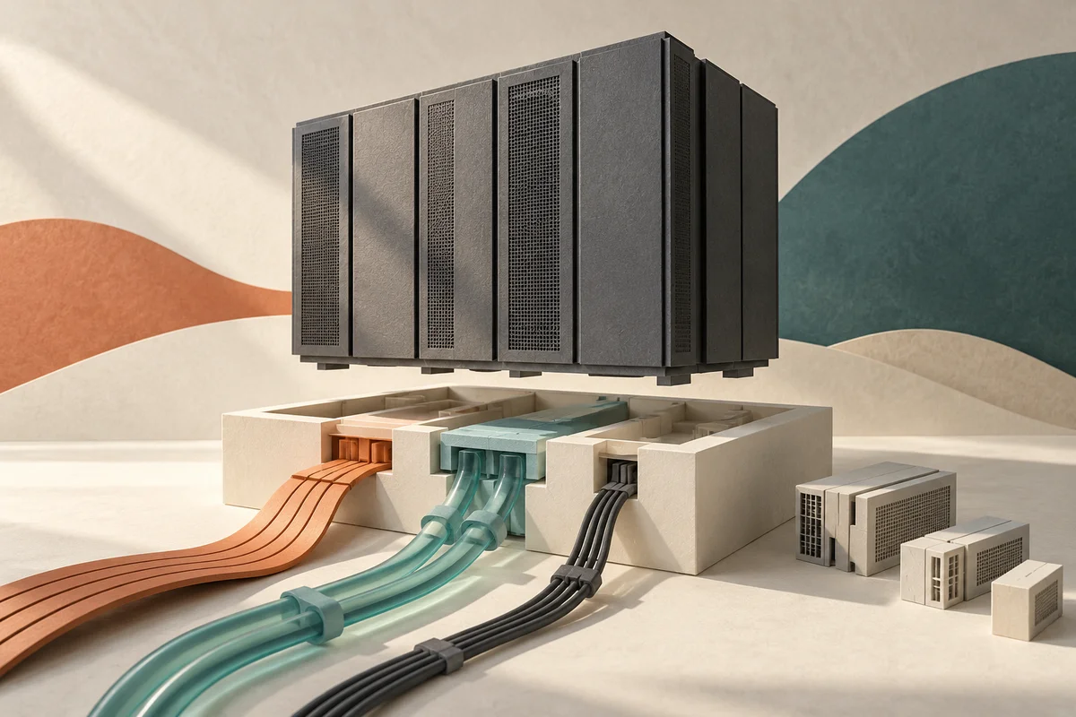 Conceptual AI-generated paper-sculpture illustration of a modular server cabinet aligning with abstract power, cooling and network connections; not an authentic Lenovo or Nvidia product render, engineering schematic or factory photograph.