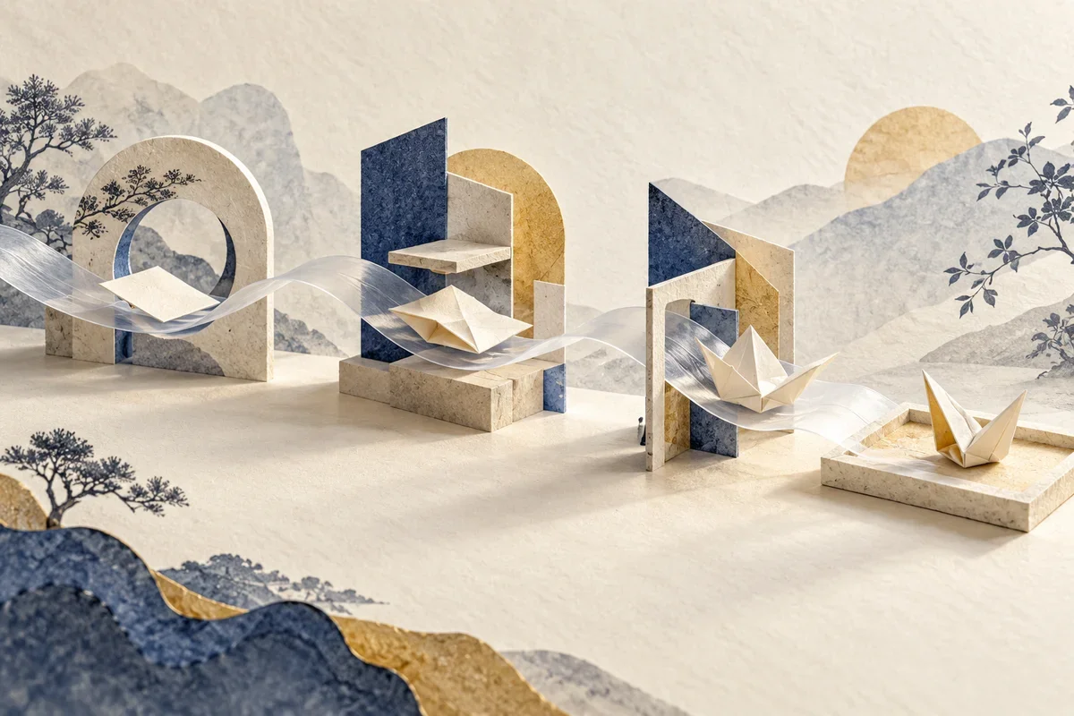 Conceptual paper landscape with a translucent ribbon passing through geometric gates and carrying folded paper forms toward a receiving tray, symbolizing AI agents progressing through tasks toward delivery. Conceptual AI-generated editorial illustration / China AI Wire; not an event photograph