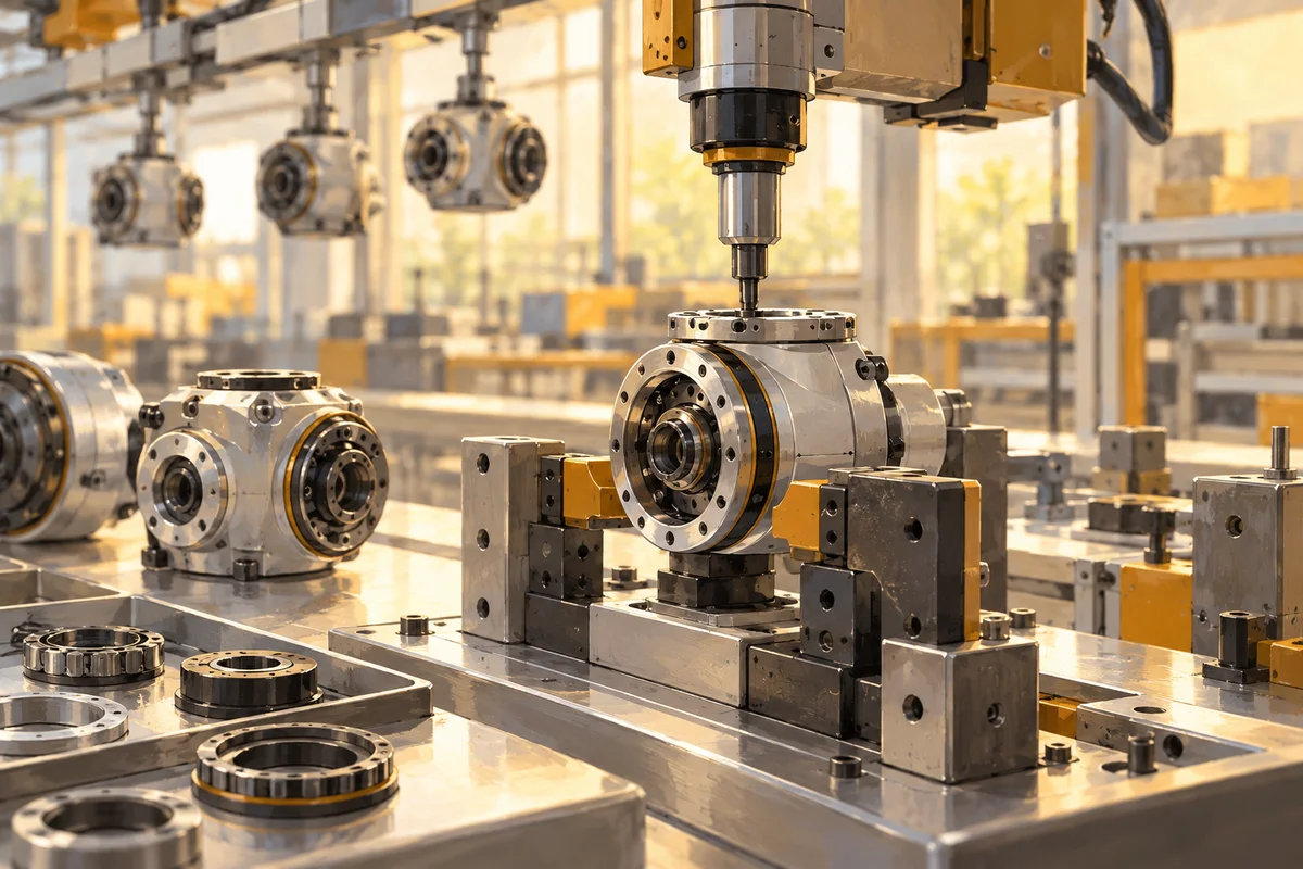 Conceptual illustration of an unbranded robot-joint assembly station with interchangeable fixtures; not a photograph of Lingyi's factory or evidence that its planned line is operating.
