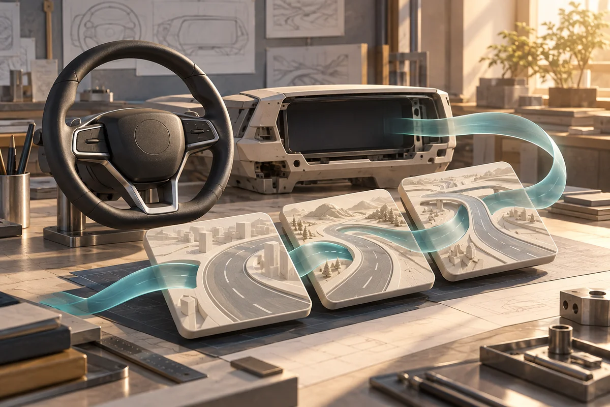 AI-generated conceptual illustration of driving-assistance development, showing a conventional steering wheel, unfinished dashboard and abstract route cards; not a depiction of Dongfeng's actual system or autonomous operation.