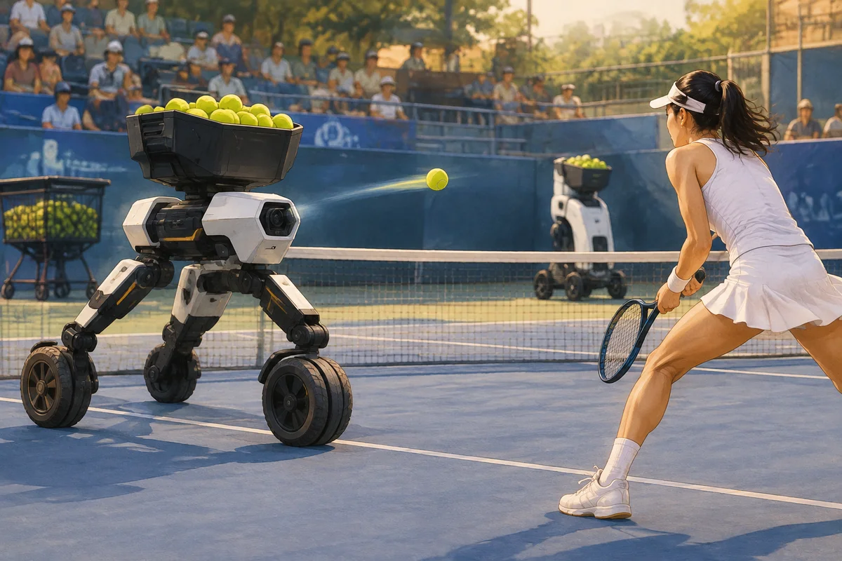 Conceptual editorial illustration for: Shenzhen Embodied-AI Firms Deploy Tennis Robots at International Tournaments