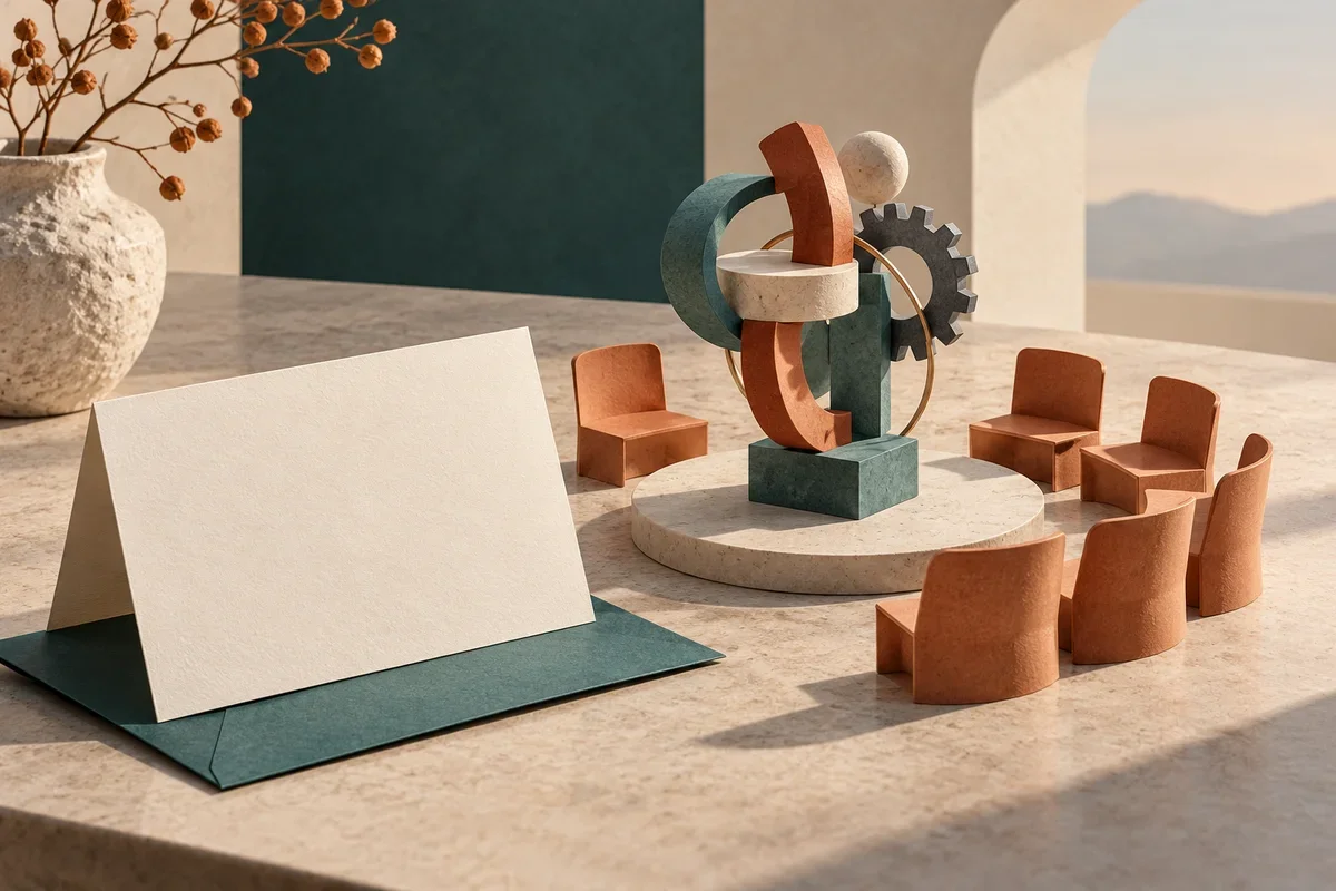 Conceptual illustration of empty conference chairs surrounding an abstract geometric sculpture, with a blank invitation card in the foreground. Conceptual AI-generated editorial illustration / China AI Wire; not an event photograph
