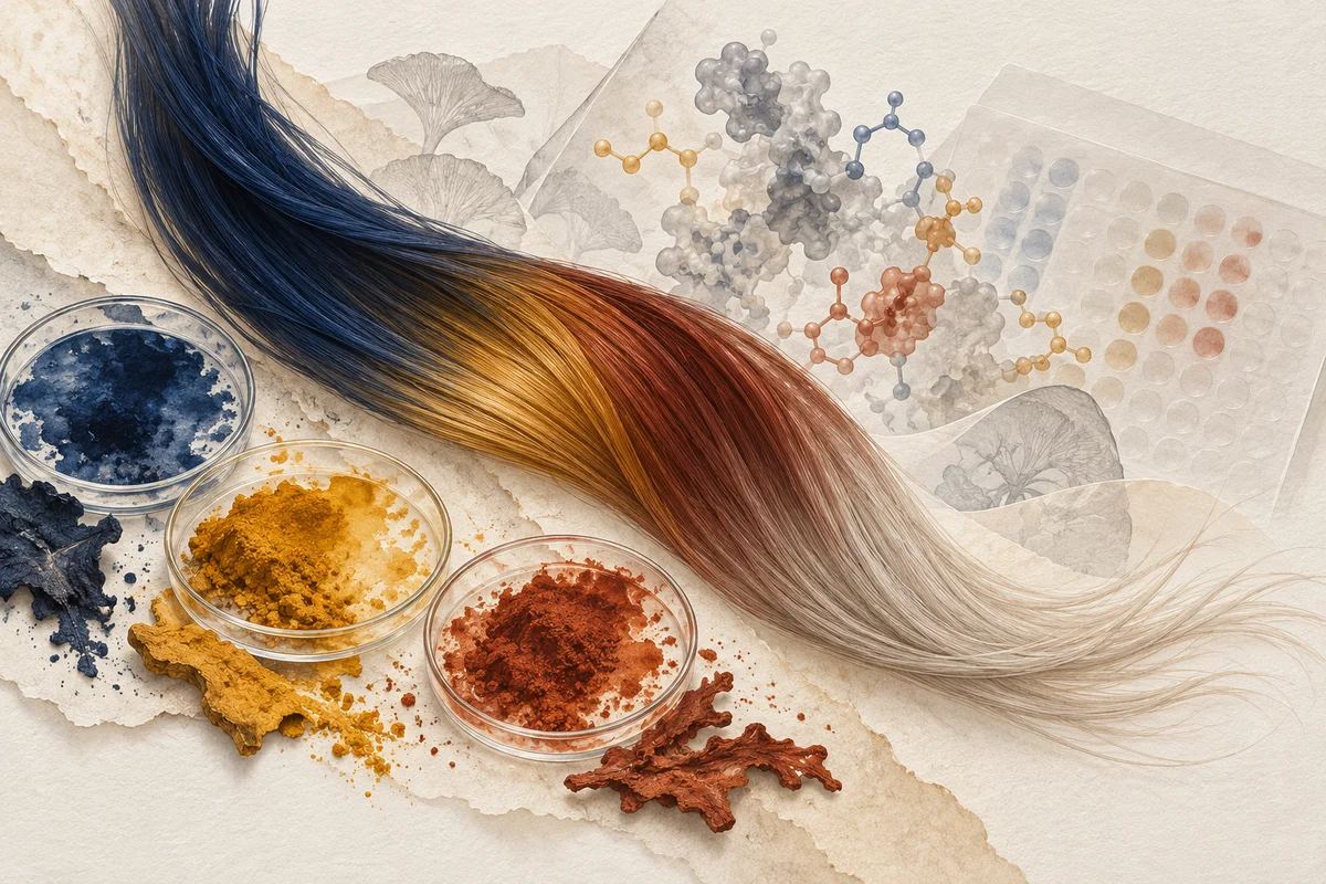 Conceptual illustration of a curved hair-like fiber bundle, natural pigment colors and abstract molecular forms. Conceptual AI-generated editorial illustration / China AI Wire; not an event photograph