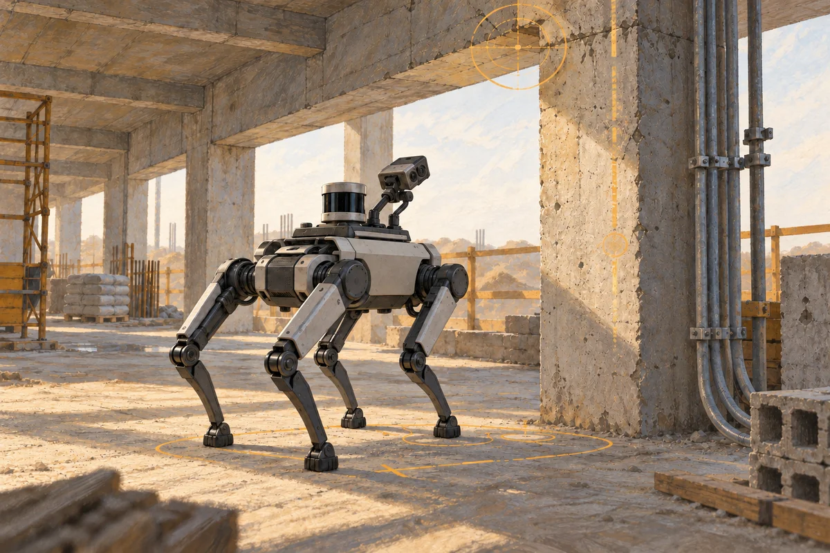 Conceptual illustration of a generic quadruped robot inspecting an unfinished building with abstract mapping markers.