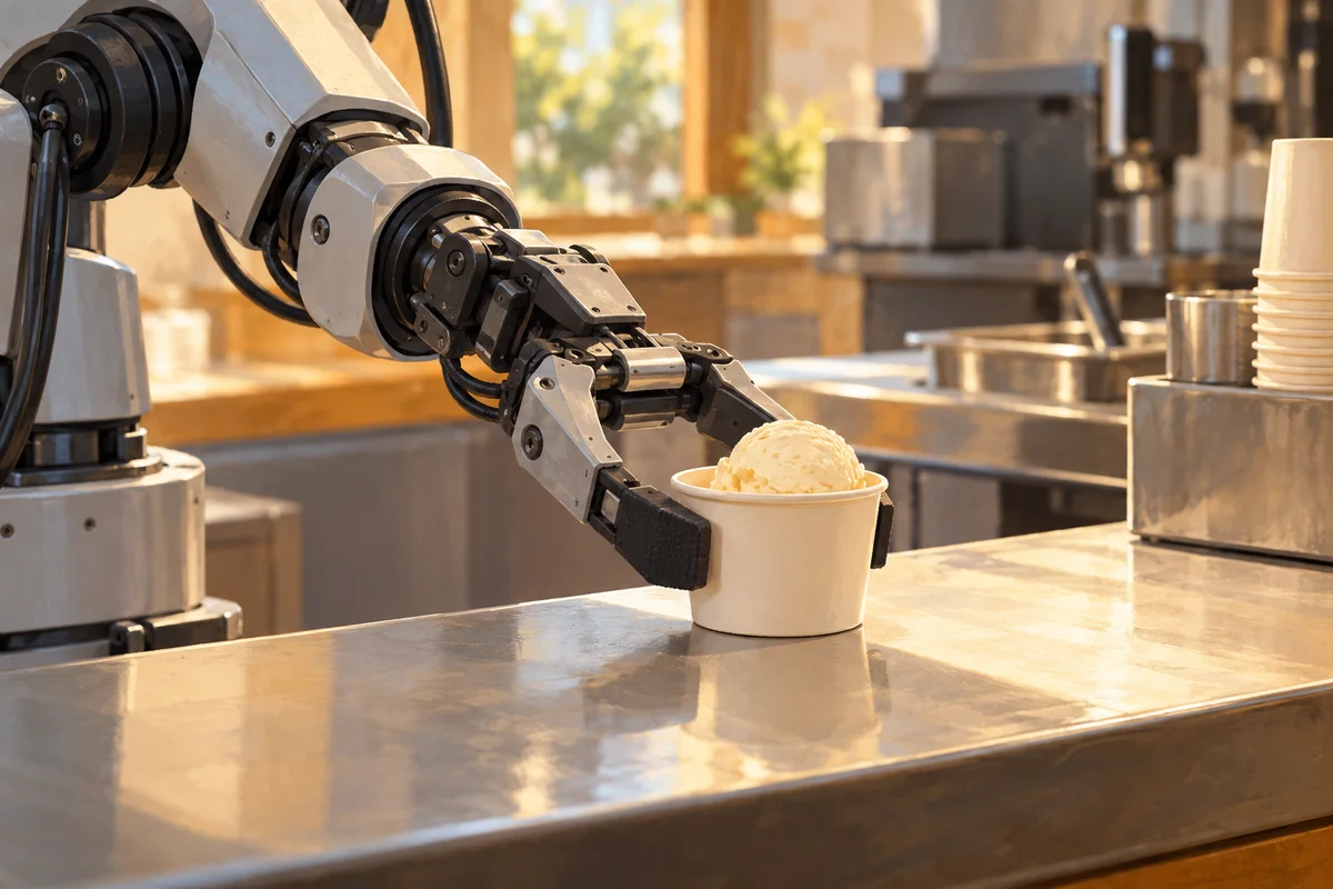 Conceptual illustration of an unbranded robotic arm placing an ice-cream cup on a counter; not a photograph of Sharpa hardware or its Shanghai store, and not evidence of completed deployments.