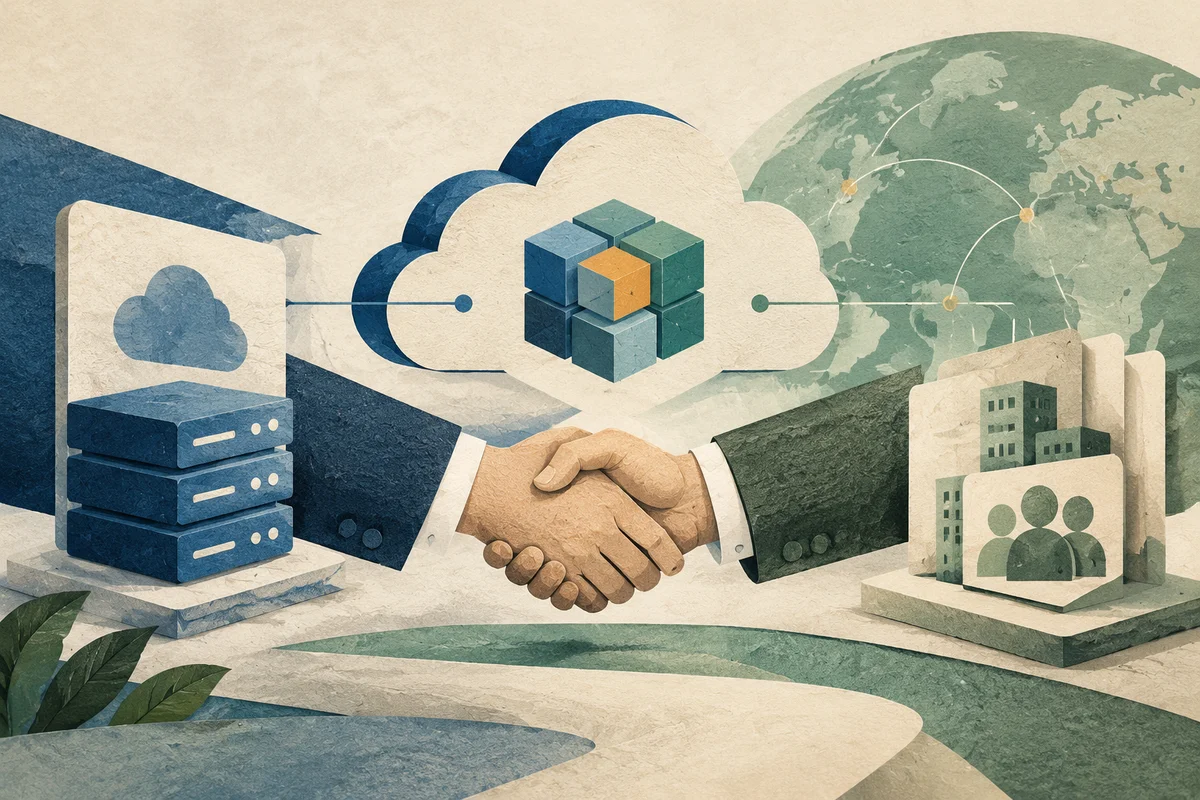 Conceptual editorial illustration for: AWS Bedrock Integrates Zhipu GLM-5.3 With Revenue-Sharing Model as Chinese AI Lab Builds Global Distribution