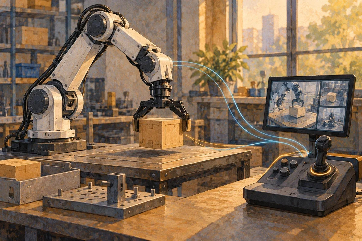 Conceptual illustration of a generic robotic arm lifting a box beside a joystick console and monitor, with curved lines suggesting remote communication.
