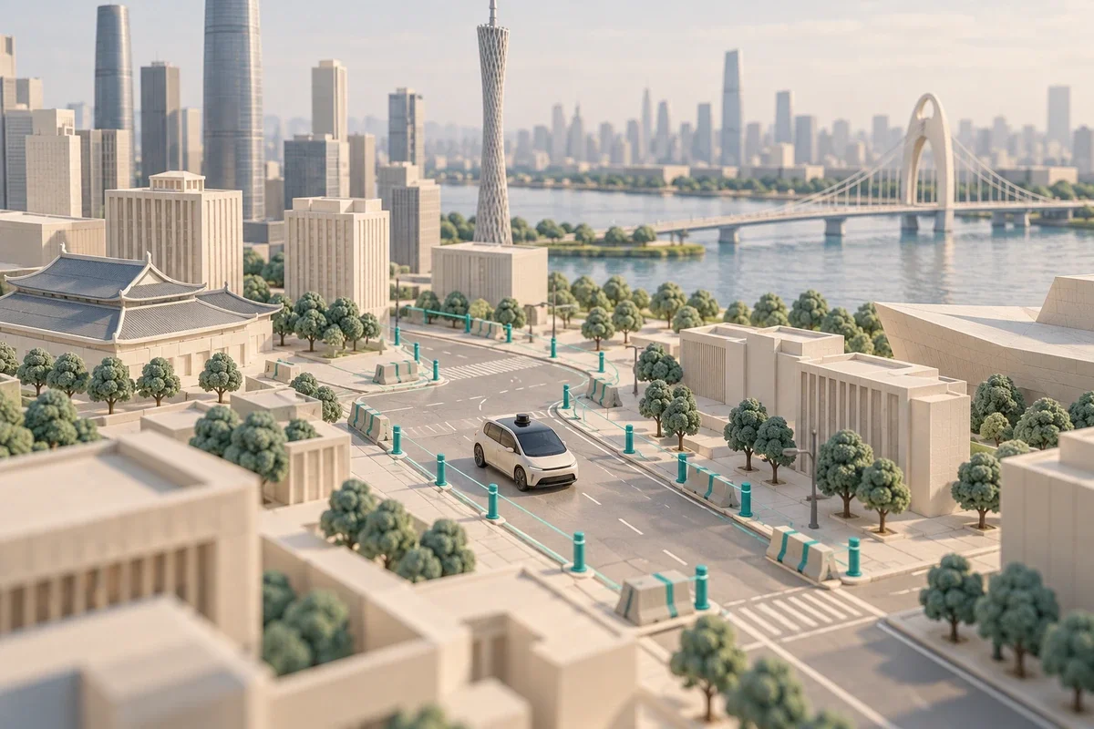 Conceptual miniature of a research vehicle on a barrier-marked demonstration road in a Guangzhou-inspired city model.
