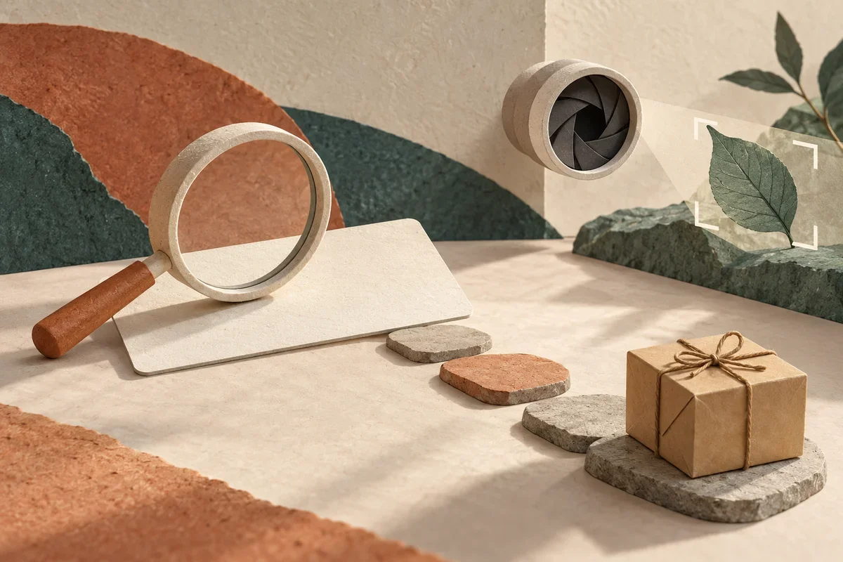 Conceptual paper still life with a magnifying glass, stepping stones leading to a wrapped parcel, and a camera aperture framing a leaf, representing AI search, multistep task completion and visual queries. Conceptual AI-generated editorial illustration / China AI Wire; not an event photograph.