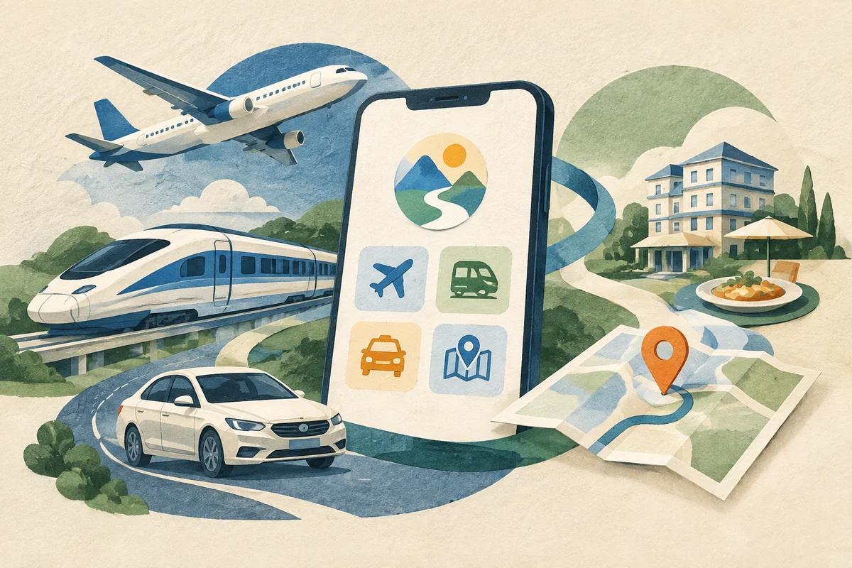 Conceptual editorial illustration for: ByteDance Doubao AI Assistant Adds Travel Booking and Navigation to Become Life Services Entry Point