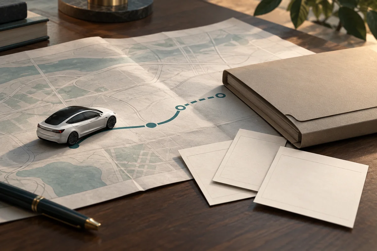 Conceptual illustration of a stationary model car on a road-plan sheet beside blank application documents and an unfinished route, symbolizing a pending permission process.