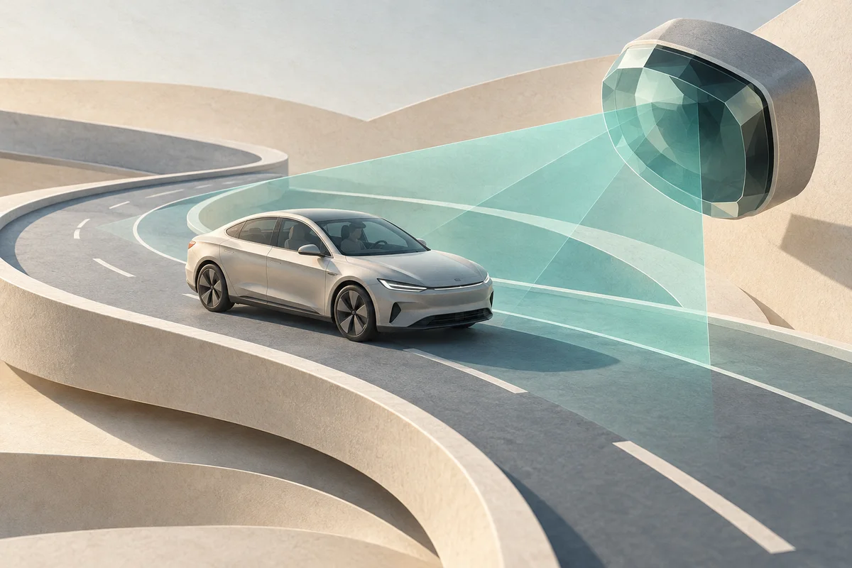 Conceptual illustration of lidar-assisted driving; not a depiction of Arcfox Alpha S5 or actual sensor layout. Conceptual AI-generated editorial illustration / China AI Wire; not an event photograph